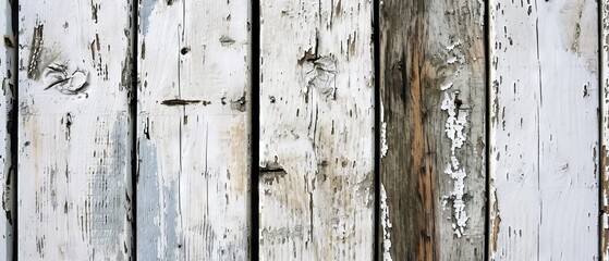 The texture of old wooden planks covered with flaking white paint, evoking a sense of rustic decay and vintage charm