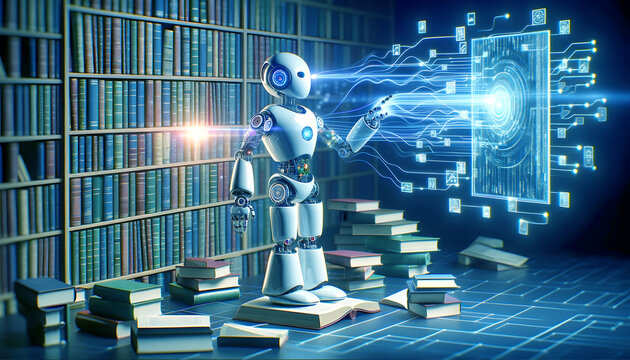 AI entity, surrounded by an array of books, symbolizing a vast source of knowledge, absorbing information through visible data streams.