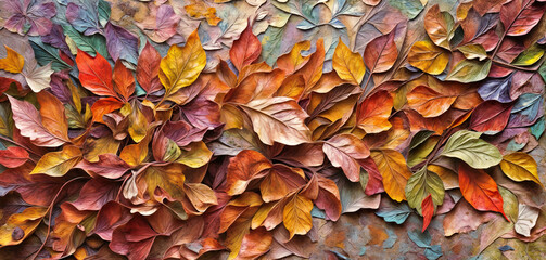 Closeup of abstract rough colorful multicolored organic autumnal fallen leaves art painting...