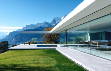 Modern house with large glass windows overlooking the Swiss Alps, lawn in front of it and terrace on which there is an outdoor dining table surrounded by chairs