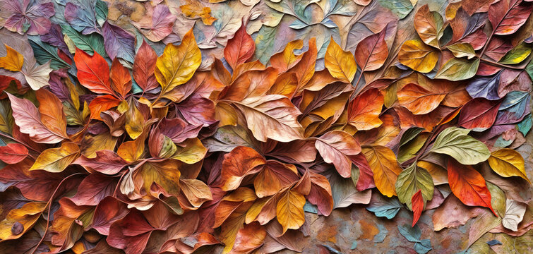 Closeup of abstract rough colorful multicolored organic autumnal fallen leaves art painting texture, with oil acrylic brushstroke, pallet knife paint on canvas wallpaper