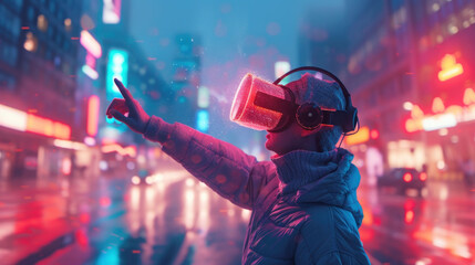 Obraz premium a man in a VR helmet stands on the street in neon light, raises his hand, immersing himself in virtual reality, banner