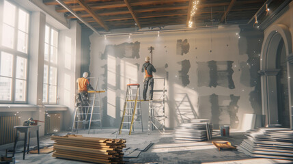 A wooden ladder leans against a sunlit wall with peeling paint, near a window, with a paint bucket, roller, and a dropcloth on the floor.