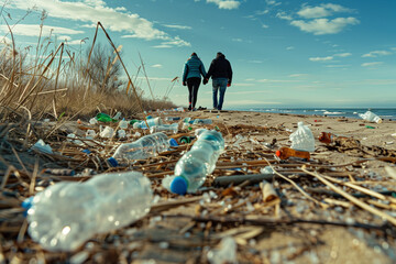 Couple walking by polluted shore, environmental concern, trash on beach