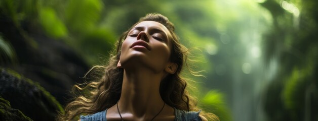 beautiful young woman is breathing deeply with closed eyes in jungle