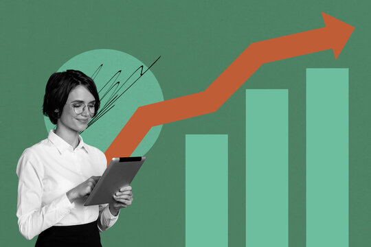 Photo collage artwork minimal picture of happy smiling lady enjoying income growth isolated green color background