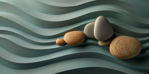 A background featuring a close up shot of pebbles on dark green sand waves