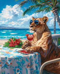 
lioness with sunglasses having a cocktail