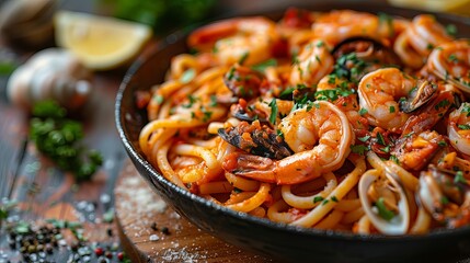 Seafood Linguine in Spicy Tomato Sauce with Fresh Parsley