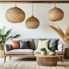 Eco-style living room interior with Japandi-style accessories