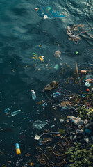 Fototapeta na wymiar Water pollution with floating trash, environmental crisis in urban area with copy space