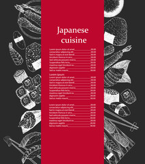 Japanese Restaurant Menu. Hand-drawn illustration of dishes and products. Ink. Vector	
