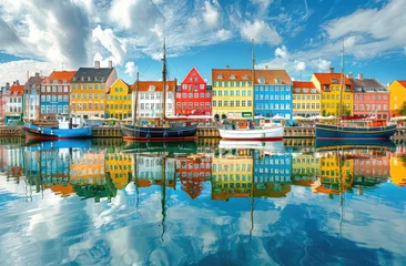 Fototapete Rund panoramic view of the colorful houses and boats in Copenhagen, reflections on the water, beautiful sky © Kien