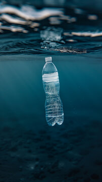 Single plastic bottle with clean water floating in waste dark water, single-use plastic pollution concept