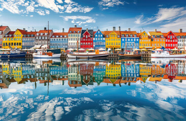 panoramic view of the colorful houses and boats in Copenhagen, reflections on the water, beautiful...