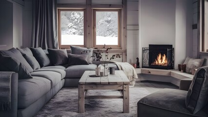 Gray sofa and rustic wood coffee table next to fireplace. Modern living room setup in Scandinavian chalet.