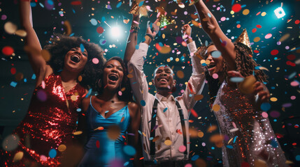 Four friends are celebrating with arms raised amidst a shower of confetti.