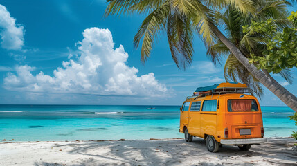 A colorful van parked on a sandy beach next to a towering palm tree, under the clear blue sky of a...
