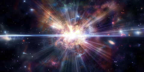 Obraz premium Bright supernova sending lines of light across space followed by waves of pink, orange and yellow nebula