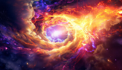Fototapeta premium Supernova creating a vortex of purple, red, yellow and blue flames around a bright white hot core in space