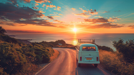 A white van cruises down a coastal road beside the sparkling ocean on a sunny summer day - obrazy, fototapety, plakaty