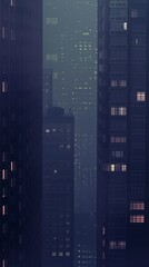 Dark synth 32 bit style misty skyline of a dense city at night with skyscrapers.