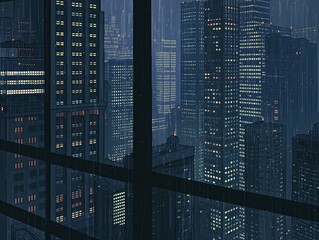 Obraz premium Dark synth 32 bit style misty skyline of a dense city at night with skyscrapers.