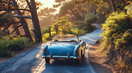A vintage convertible car meanders along a shaded, serpentine road, flanked by sun-dappled trees