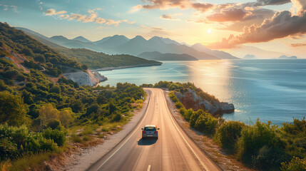 A sleek car glides down a winding road hugging the rugged coastline, with waves crashing against the cliffs