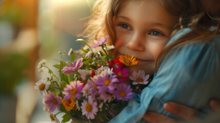 Naklejka premium A smiling toddler hugs a vibrant bouquet of mixed flowers.