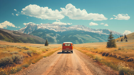 Fototapeta premium A vibrant red van speeds down a dusty road on a summer road trip adventure