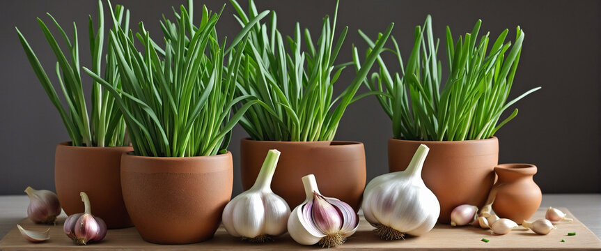 Fresh garlic plant with Chives in clay pots isolated Herb Design, for Healthy Nutrition or cooking vegetables on transparent background