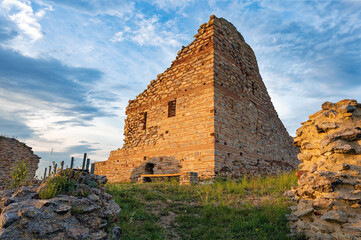 Ruins of the Byzantine castle of Gynaikokastro near the city of Kilkis in northern Greece at sunset - 763132229