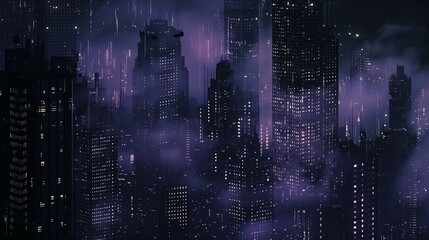 Dark synth 32 bit style misty skyline of a dense city at night with skyscrapers. - 763132257