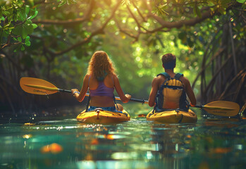 mixed race couple kayaking in the mangroves at sunrise - obrazy, fototapety, plakaty
