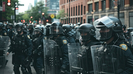 Naklejka premium Police and Shields in front of protesters