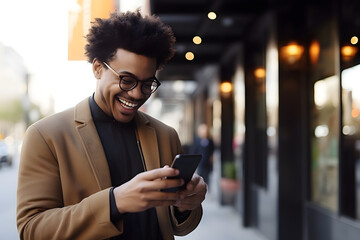 African american man in casual attire using smartphone in urban area - obrazy, fototapety, plakaty