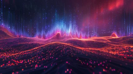 Tuinposter Paars Vibrant digital waves of neon light create a mesmerizing abstract landscape in hues of pink and blue.