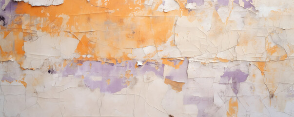 an old cracked background of torn, faded, peeling pieces of purple, blue, orange and white paint
