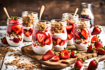 Healthy breakfast of strawberry parfaits made with fresh fruit, yogurt and granola over a rustic white table. Shallow depth of field with selective focus on glass jar in front. - Powered by Adobe