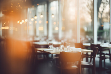 Bokeh Style Background, Stylish View of a Cafe or Restaurant Empty Hall with Colorful Highlights, Inviting a Sense of Modern Elegance