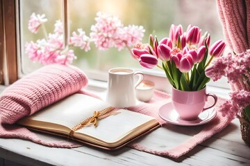 Cozy Easter, spring still life scene. Cup of coffee, opened notebook, pink knitted plaid on windowsill. Vintage feminine styled photo. Floral composition with tulips, hyacinth and Gypsophila flowers.