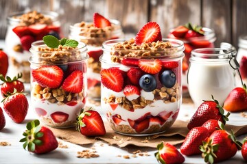 Healthy breakfast of strawberry parfaits made with fresh fruit, yogurt and granola over a rustic...