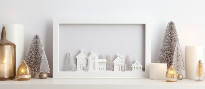 Fototapeta A monochrome photography of a village displayed in a wooden frame on the grey mantle in the room, adding an artistic touch to the event with its rectangle shape and glass cover
