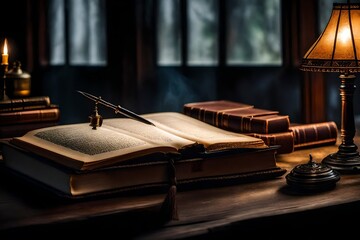 still life photography, opening old book on old table with quill pen inkwell and lighted lamp 