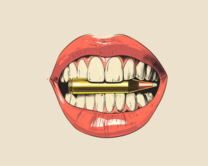 vibrant lips holding a bullet, a creative twist on the 'bite the bullet' idiom representing readiness to face tough situations