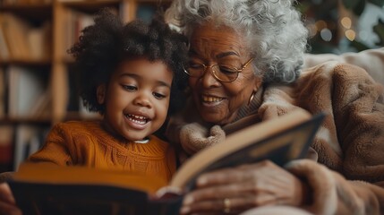 A sweet, content grandmother reading a book to her granddaughter. Generative Ai