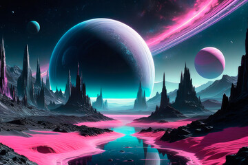 Space background with silver and pink alien planet landscape, stars, satellites and alien planets in sky. - 763133243