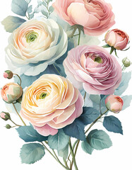 pink rose and ranunculus on a white background