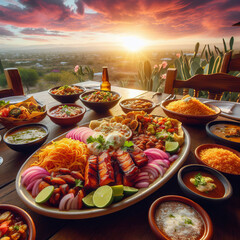 Illustration of a table with Mexican food at sunset